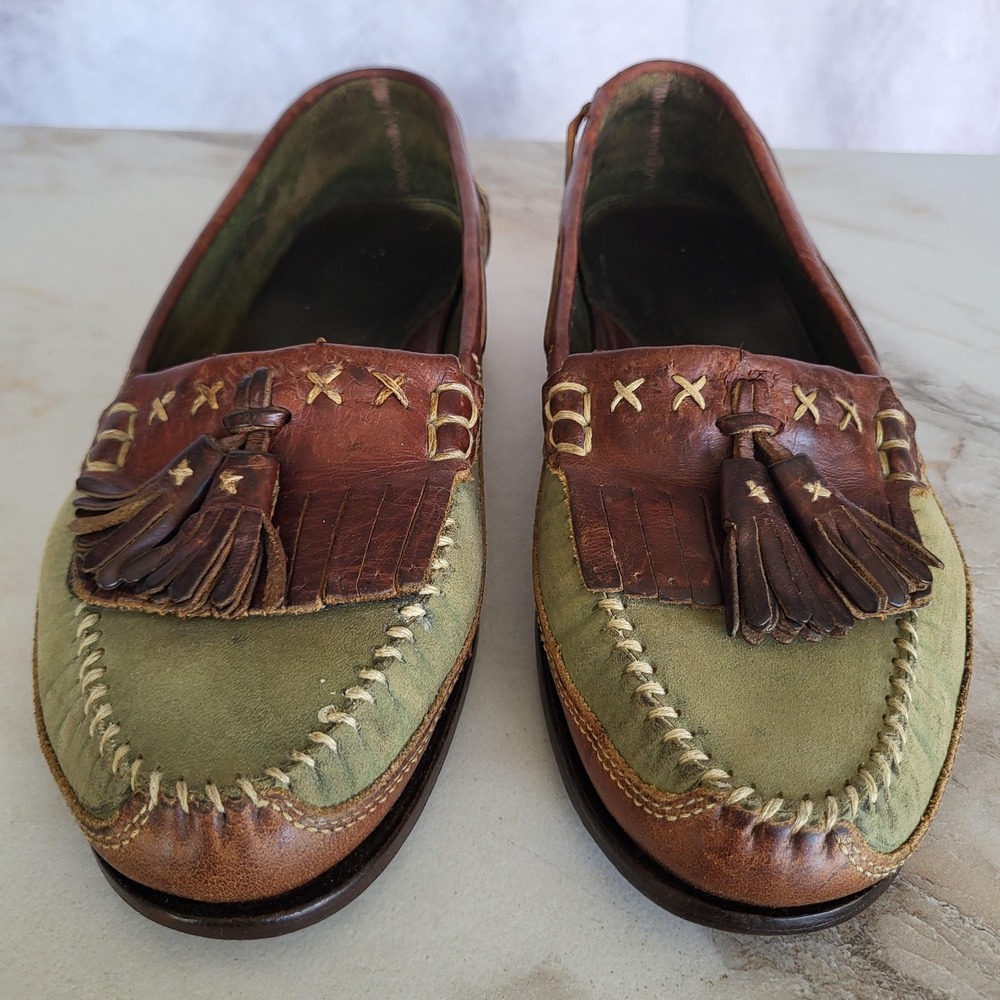 Vintage Cole Haan Shoes Mens Size 9 Brown Tassel Oxford Green Suede Leather